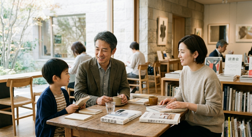 30代半ば〜40代後半の夫婦が同じ部屋にいるが、それぞれ別の方向を見て会話が少ない。距離感があり、静かな空気。ホテルのラウンジのような落ち着いた空間。ナチュラルカラー。リアルな写真風。
